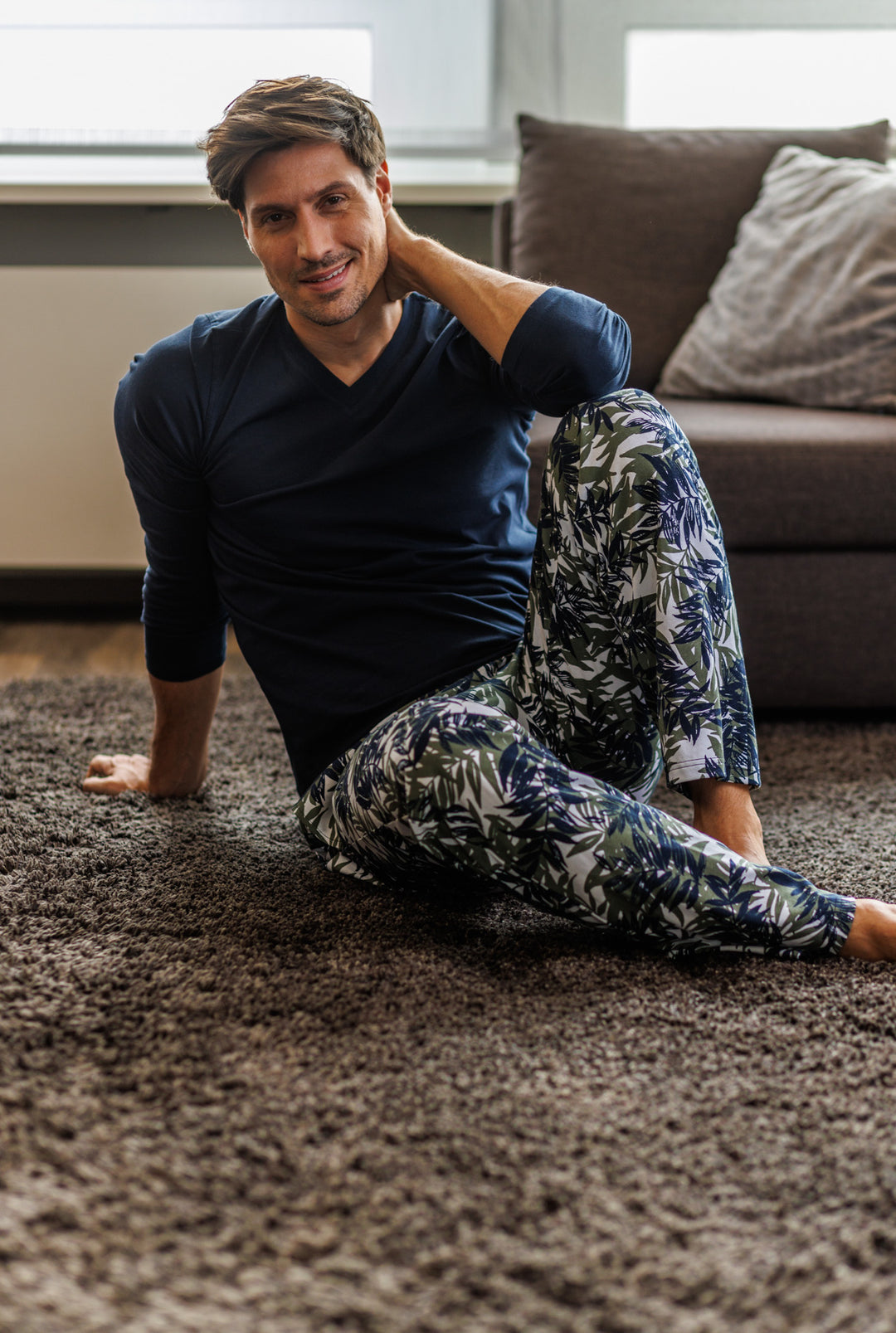 Herren Pyjamahose lang Alloverprint mit Seitentaschen, Bio Baumwolle, GOTS zertifiziert